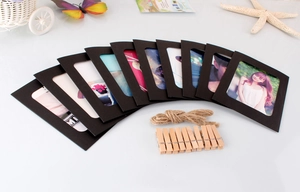 DIY black paper photo frame kit with wooden clips and hemp rope for wall hanging display