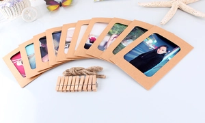 Detail of DIY kraft paper photo frames with wooden clips and natural jute twine