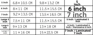 Size chart for vintage hanging paper frames including 5 to 7 inch detailed dimensions