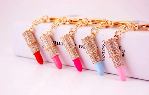 Detailed close-up of lipstick keychains with crystals in five vibrant colors