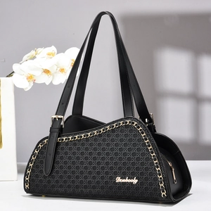 Elegant black woven faux leather shoulder bag with gold chain and metal brand logo