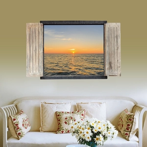 3D realistic wall decal of a sunset ocean view through a faux wooden window frame