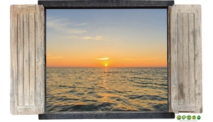 3D faux window wall sticker showing a beautiful ocean sunset with vintage wood frame