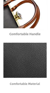 Detail of black pebbled leather handbag with brown resin handle and crystal decoration