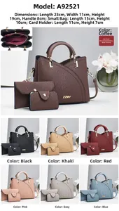 Detailed size chart for the pleated 3-piece handbag set with color swatches