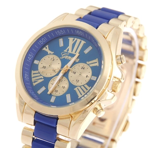 Montre à quartz Geneva avec boîtier doré, chiffres romains et bracelet bleu en acier