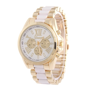 Montre à quartz Geneva or et blanc avec chiffres romains et bracelet en acier