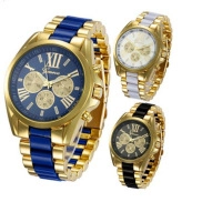 Detalle de tres relojes de cuarzo retro en colores oro-azul, oro-blanco y oro-negro de lujo