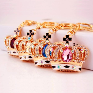 Crown Keychain Pendant Alloy Crystal Rhinestone Large Gemstone Cross Top Luxury Car Key Handbag Accessory Jewelry For Women