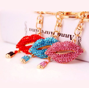 Chic rhinestone lip keychains in red, blue, and pink with lipstick charms for women