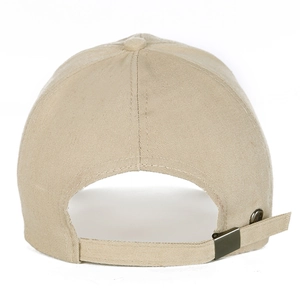 Beige canvas baseball cap with long brim and adjustable metal buckle back view
