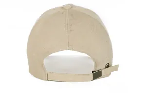Detail view of the beige cotton canvas baseball cap with adjustable metal back buckle