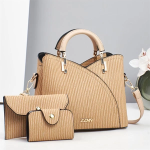 Detailed view of khaki 3-in-1 handbag set featuring elegant vertical pleated texture