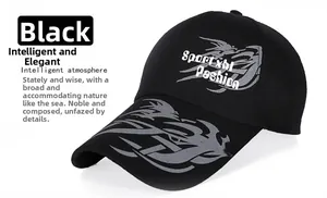 Detail of black outdoor baseball cap with tribal graphic print and long brim design