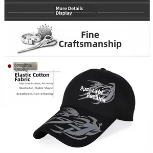 Detail of black canvas baseball cap with flame patterns and Sport xhl embroidery