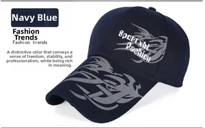 Detail view of navy blue canvas baseball cap with tribal pattern and Sport Fashion print
