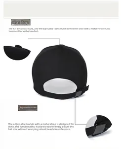 Detail of adjustable metal buckle and top button on a long brim black canvas baseball cap