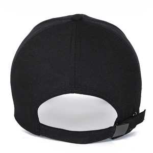 Rear view of black canvas outdoor baseball cap with adjustable metal buckle strap