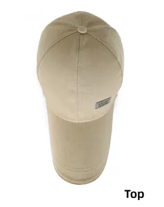 Top view of khaki canvas baseball cap showing six-panel crown and SPORT reflective label