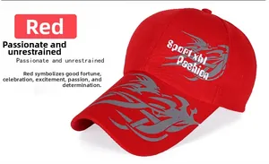 Close-up of red canvas baseball cap with grey feather pattern and Sport embroidery