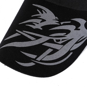 Outdoor long brim canvas baseball cap with grey tribal patterns on black fabric