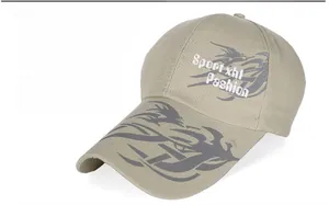 Detail of khaki outdoor baseball cap with long brim and white Sport xhl Fashion text