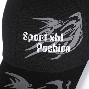 Outdoor black canvas baseball cap with long visor and wings graphic for sun protection