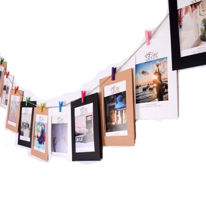 Retro kraft paper hanging photo frames with colorful mini wooden clips and jute twine set