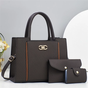 Ensemble sac à main 3 pièces marron foncé tissé avec portefeuille et porte-cartes