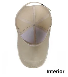 Inside view of khaki baseball cap showing six-panel construction and sweatband detail