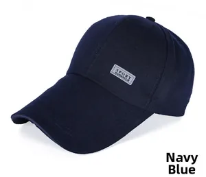 Detail of navy blue baseball cap side showing the square SPORT patch and cotton stitching