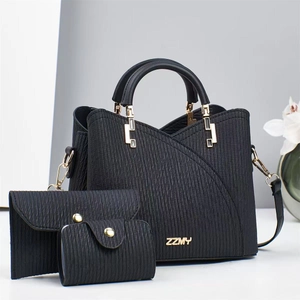 Black 3-piece striped texture handbag set including tote, long wallet, and card pouch