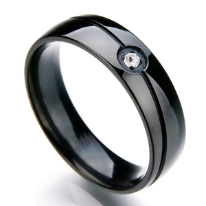Polished black stainless steel ring with a center-set cubic zirconia solitaire stone