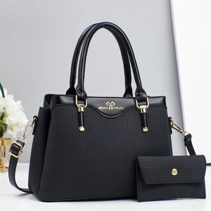 Women Handbag And Long Wallet PU Leather Wave Texture Gold Hardware Bow Detail Large Capacity Urban Fashion Shoulder Bag