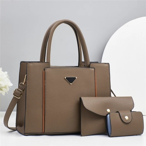 Brown lychee leather 3-piece handbag set with tote, clutch and card holder for women