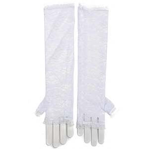 Elegant white lace arm sleeves with floral crochet pattern and fingerless sun protection