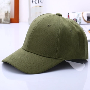 Detail view of army green cotton baseball cap with six-panel structure and breathable holes