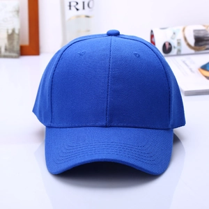 Front view of solid navy blue six-panel baseball cap with reinforced stitched brim