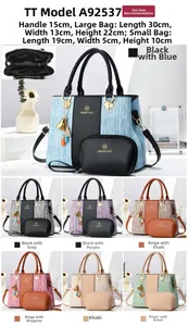 Detail view of tote and mini pouch set with internal zipper and size specifications
