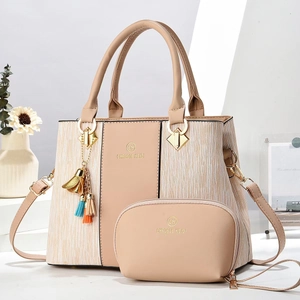 Two-piece beige and brown patchwork handbag set with tassel and detachable strap