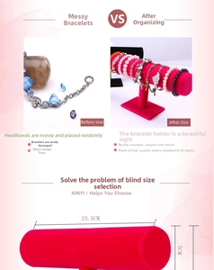 Macro view of velvet T-bar jewelry stand showing precise 23.5cm length measurements