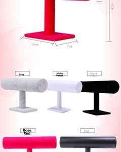Macro view of T-bar velvet jewelry stands showing various materials and base dimensions