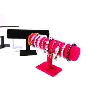 Rose red velvet T-bar jewelry display stand for organizing bracelets and bangles