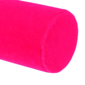 Magenta velvet cylinder display stand for bracelets and watches shown in a macro view