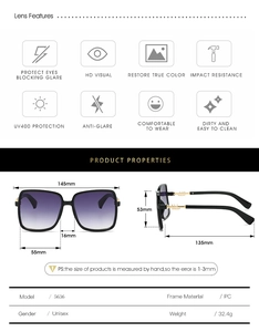 Detailed technical specifications and dimensions of oversized square sunglasses with PC frame
