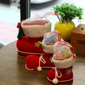 Christmas Boot Gift Bag Candy Container Red Flocked Fabric White Faux Fur Trim Mesh Drawstring Top Holiday Decoration
