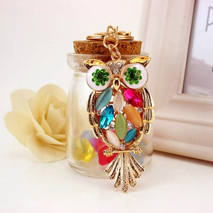 Golden owl keychain with colorful crystals and rhinestones for women's bags or car keys