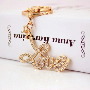 Fashion Gold Plated Zinc Alloy Rhinestone Love Letter Keychain Pendant Bag Hanging Ornament Women Romantic Jewelry Gift