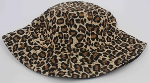 Detail view of double-sided leopard print bucket hat with reinforced brim stitching