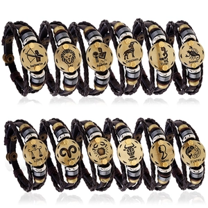Retro Zodiac Leather Braided Bracelet With Alloy Beads And Wood Charms Adjustable Punk Style Jewelry For Men And Women